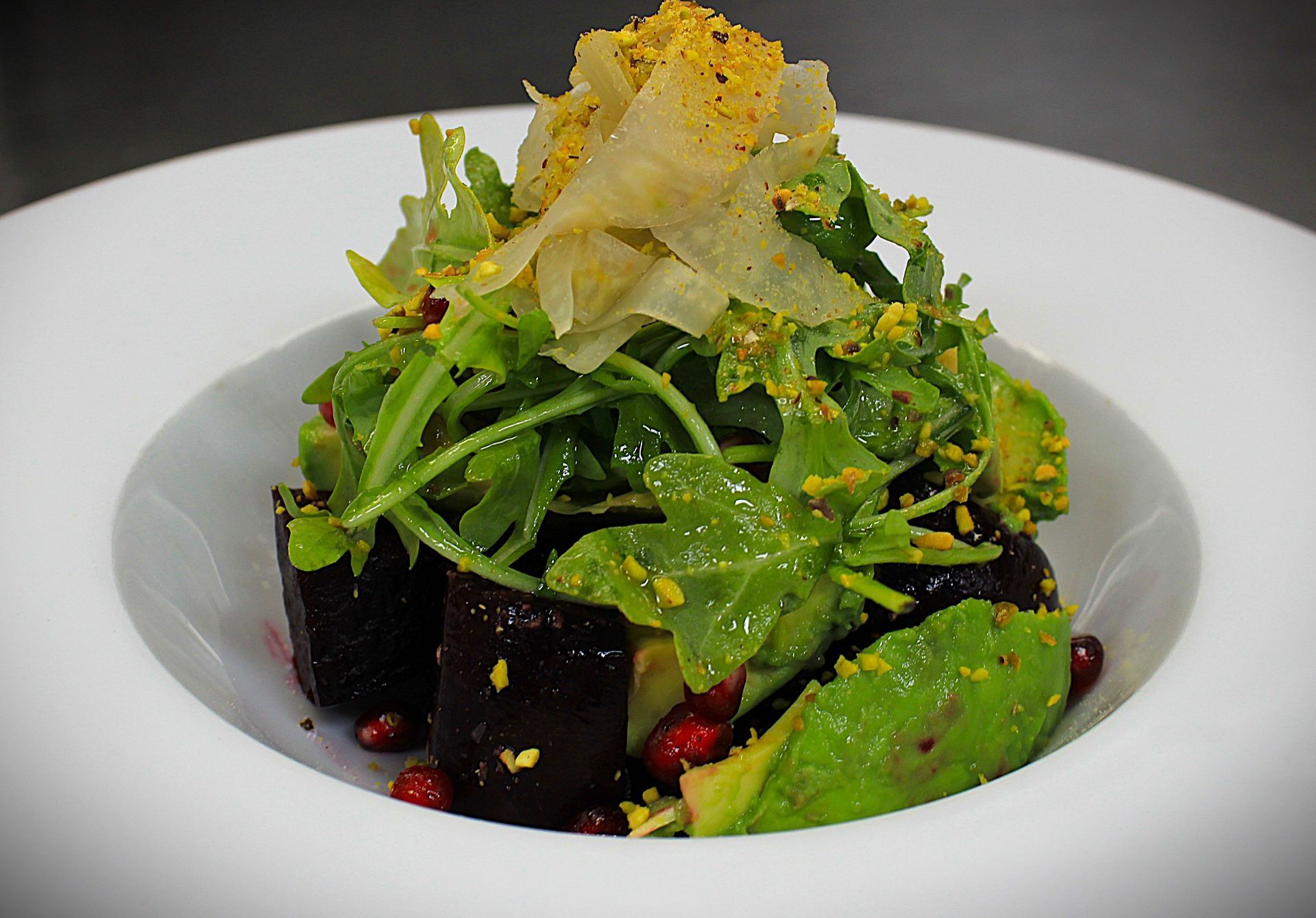 Beet salad with greens and avocado at Truffles